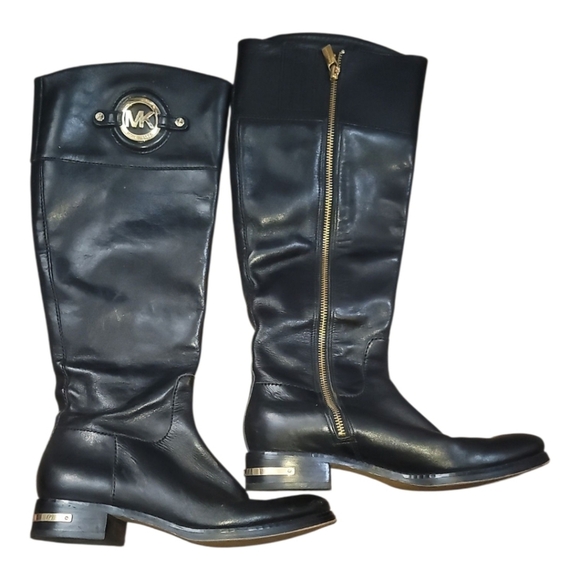 Michael Kors black leather stockard riding boots gold mk hardware 7 - Picture 7 of 7